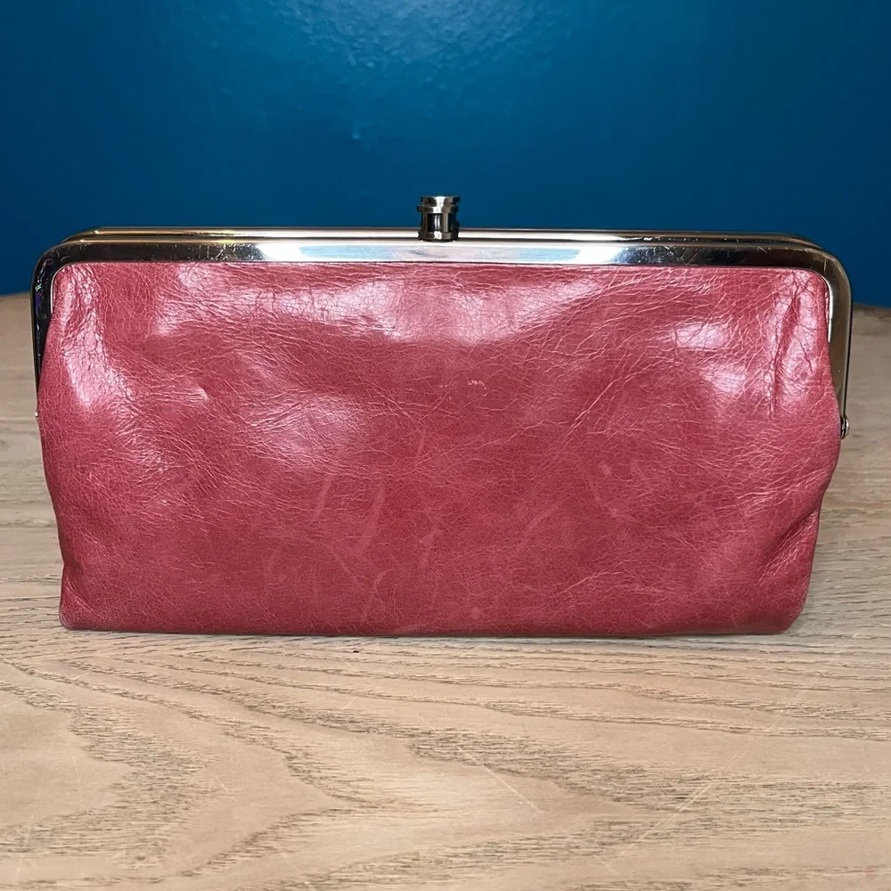 HOBO International Lauren Leather Clutch Double Kiss Lock Wallet Magenta Rose